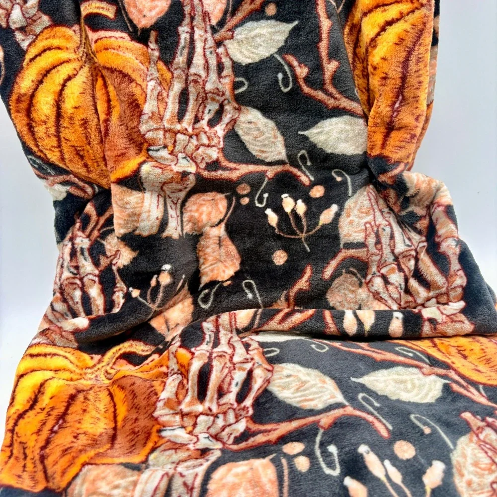Rachel Roy Pumpkin Skeleton Hand Oversized Plush Throw Blanket 60x70 Halloween